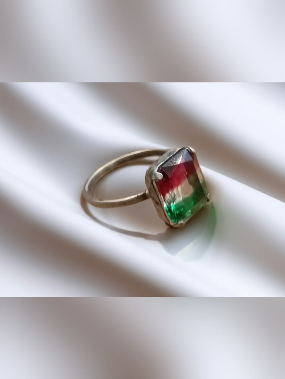 Vintage Sterling Silver Ring w/Red Green Emerald Cut Faux Gemstone